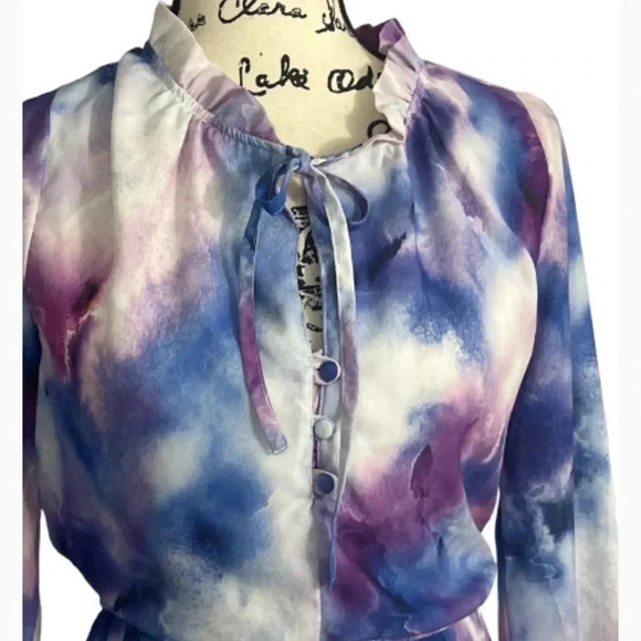 ELLEN TRACY DRESS BLUE & PURPLE PASTELS BOHEMIAN RUFFLES  LONG SLEEVES SIZE XS - Picture 4 of 10